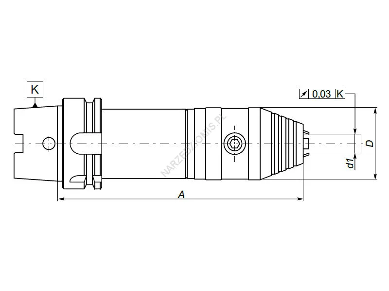 Rysunek techniczny: Oprawka z chw. HSK-A z uchwytem wiertarskim kluczykowym: T.5392 HSK100/FI13 170mm - KOLNO